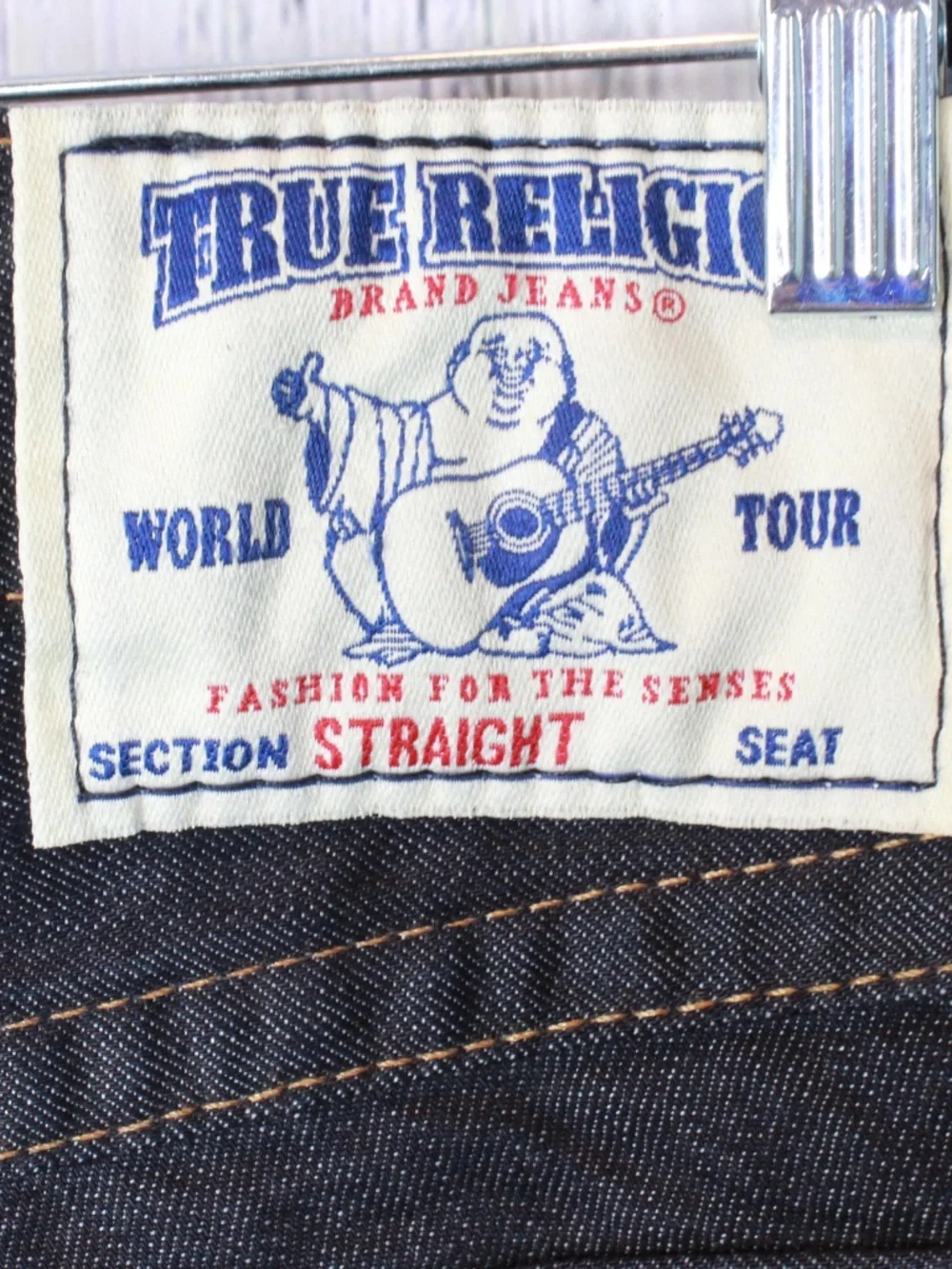 NWT True Religion Straight Flap Jeans Sunset Logo Orange Red Stitch Mens Size 33